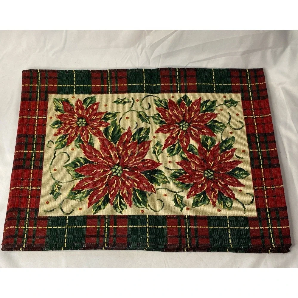 Set Of 4 Vintage Tapestry Christmas Poinsettia Placemats With Red/Green Plaid